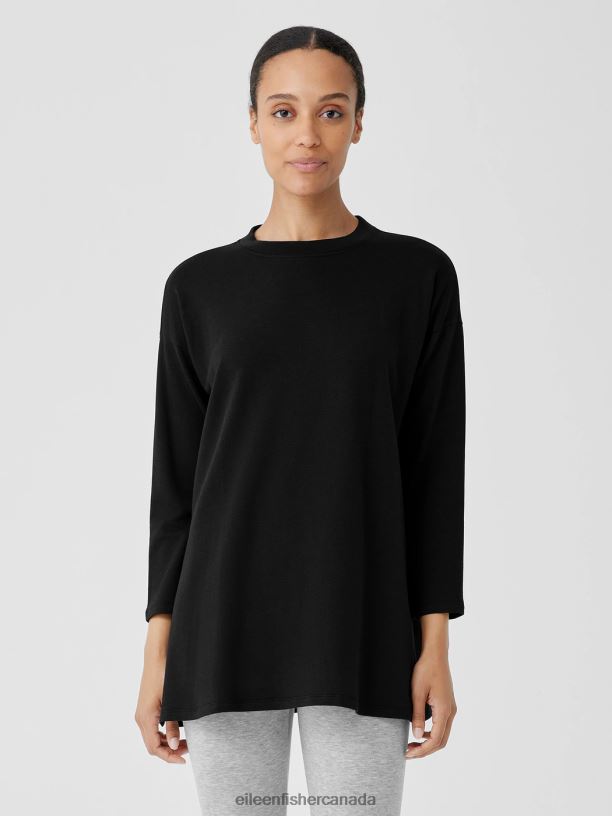 EILEEN FISHER Cozy Brushed Terry Hug Crew Neck Long Top Boxy Fit Thigh Length Women BLACK Clothing 024FN256