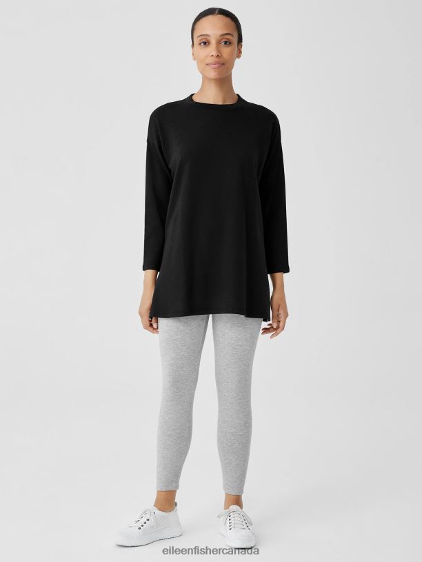 EILEEN FISHER Cozy Brushed Terry Hug Crew Neck Long Top Boxy Fit Thigh Length Women BLACK Clothing 024FN256