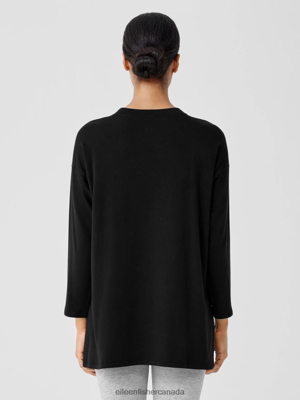 EILEEN FISHER Cozy Brushed Terry Hug Crew Neck Long Top Boxy Fit Thigh Length Women BLACK Clothing 024FN256