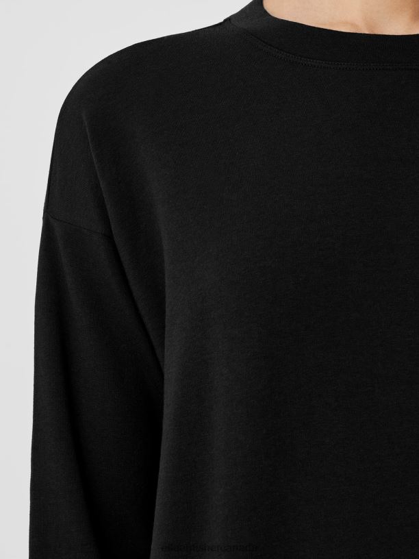 EILEEN FISHER Cozy Brushed Terry Hug Crew Neck Long Top Boxy Fit Thigh Length Women BLACK Clothing 024FN256