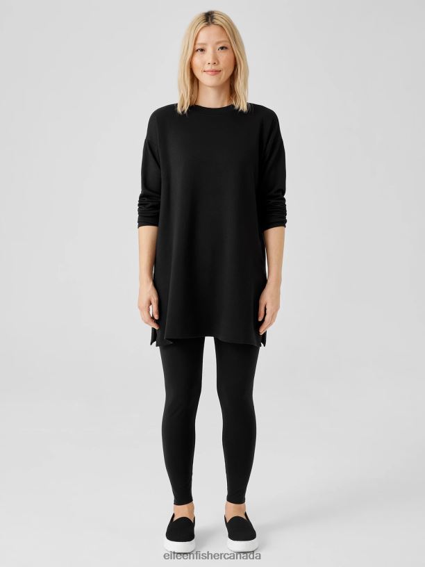 EILEEN FISHER Cozy Brushed Terry Hug Crew Neck Long Top Boxy Fit Thigh Length Women BLACK Clothing 024FN256