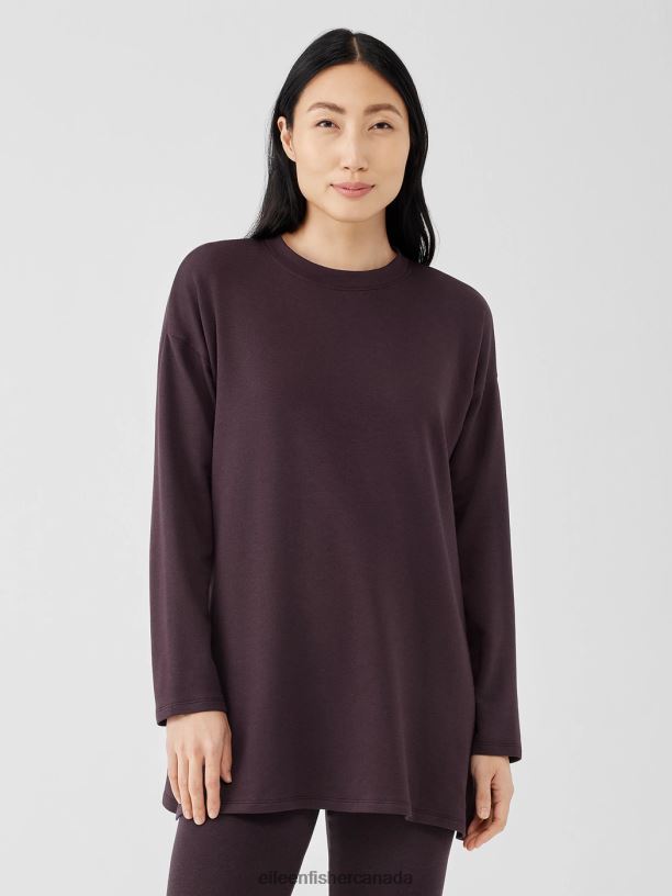 EILEEN FISHER Cozy Brushed Terry Hug Crew Neck Long Top Boxy Fit Thigh Length Women CASSIS Clothing 024FN259