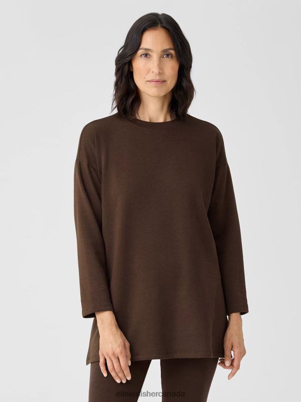 EILEEN FISHER Cozy Brushed Terry Hug Crew Neck Long Top Boxy Fit Thigh Length Women COFFEE Clothing 024FN257