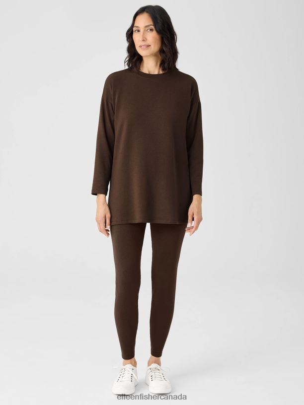 EILEEN FISHER Cozy Brushed Terry Hug Crew Neck Long Top Boxy Fit Thigh Length Women COFFEE Clothing 024FN257