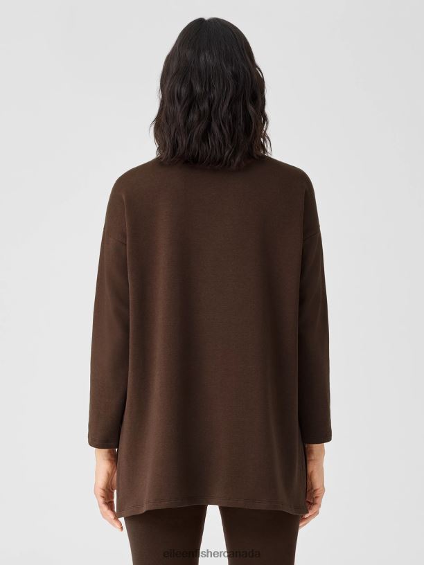 EILEEN FISHER Cozy Brushed Terry Hug Crew Neck Long Top Boxy Fit Thigh Length Women COFFEE Clothing 024FN257