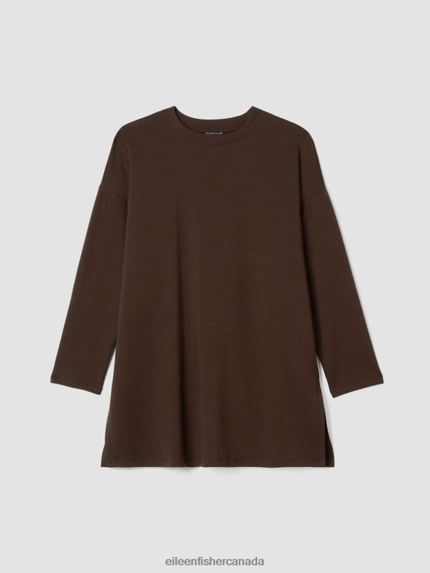 EILEEN FISHER Cozy Brushed Terry Hug Crew Neck Long Top Boxy Fit Thigh Length Women COFFEE Clothing 024FN257