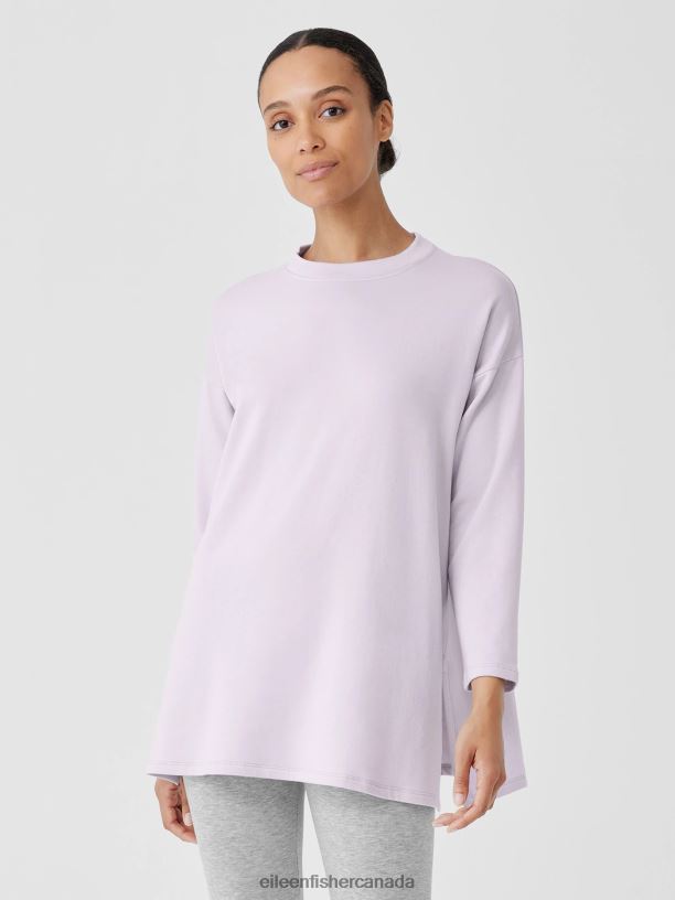 EILEEN FISHER Cozy Brushed Terry Hug Crew Neck Long Top Boxy Fit Thigh Length Women THISTLE Clothing 024FN260