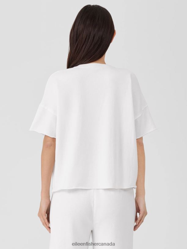 EILEEN FISHER Lightweight Organic Cotton Terry Crew Neck Top Boxy Fit Short Length Women WHITE Clothing 024FN141