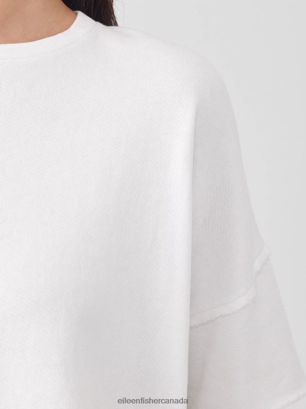EILEEN FISHER Lightweight Organic Cotton Terry Crew Neck Top Boxy Fit Short Length Women WHITE Clothing 024FN141
