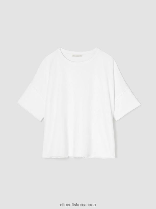 EILEEN FISHER Lightweight Organic Cotton Terry Crew Neck Top Boxy Fit Short Length Women WHITE Clothing 024FN141