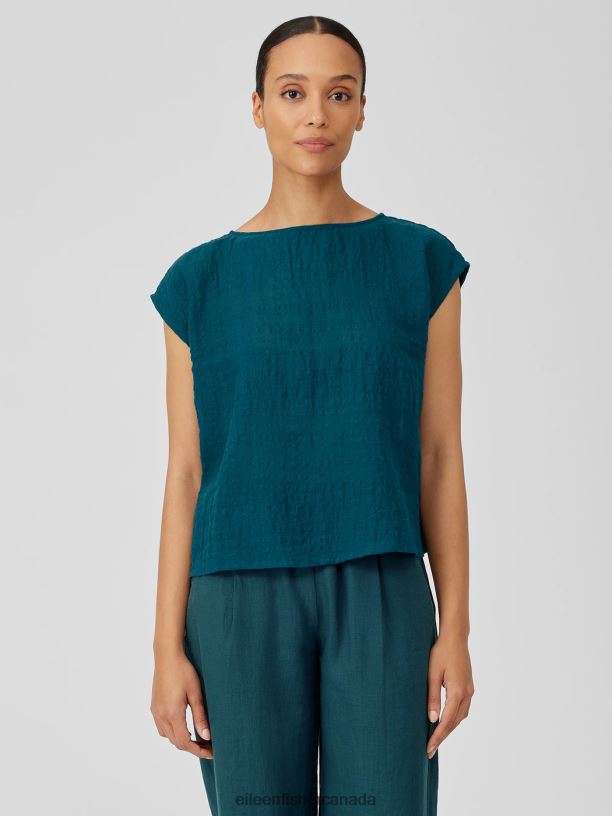 EILEEN FISHER Linen Cotton Sheer Check Shirred-Back Top Boxy Fit Short Length Women PACIFICA Clothing 024FN195