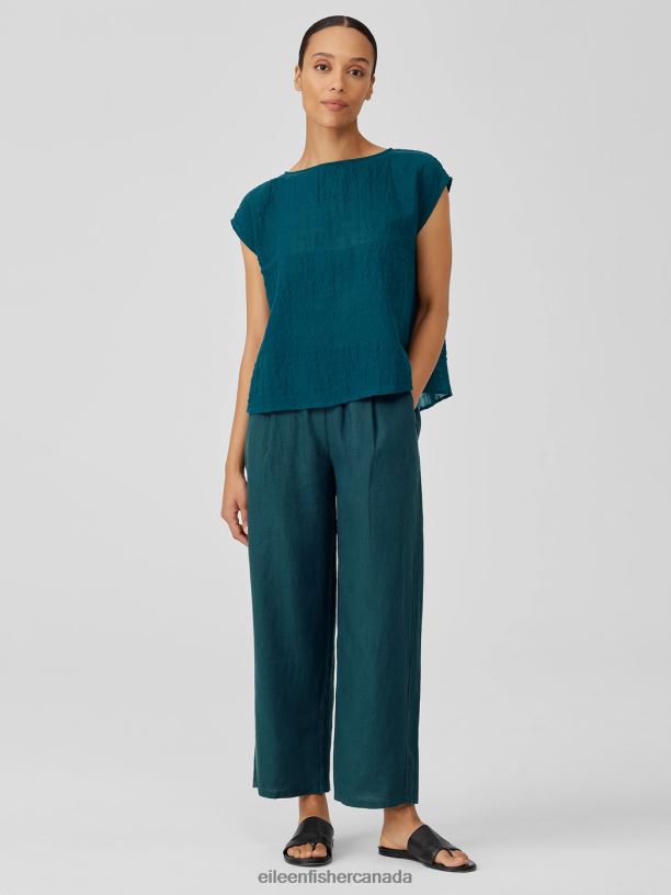 EILEEN FISHER Linen Cotton Sheer Check Shirred-Back Top Boxy Fit Short Length Women PACIFICA Clothing 024FN195