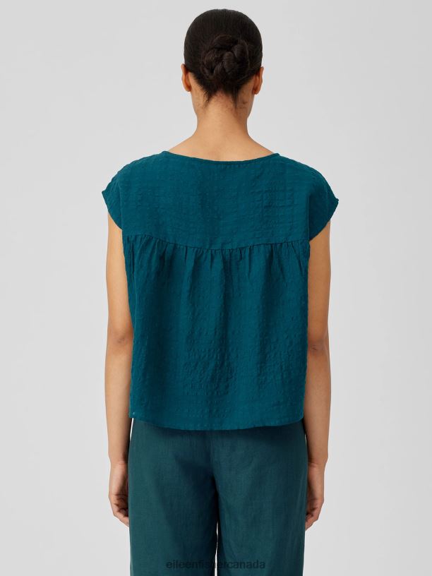 EILEEN FISHER Linen Cotton Sheer Check Shirred-Back Top Boxy Fit Short Length Women PACIFICA Clothing 024FN195