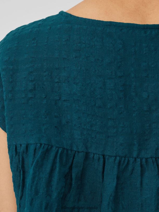 EILEEN FISHER Linen Cotton Sheer Check Shirred-Back Top Boxy Fit Short Length Women PACIFICA Clothing 024FN195