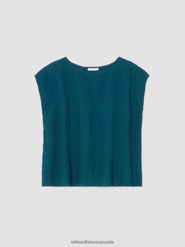 EILEEN FISHER Linen Cotton Sheer Check Shirred-Back Top Boxy Fit Short Length Women PACIFICA Clothing 024FN195