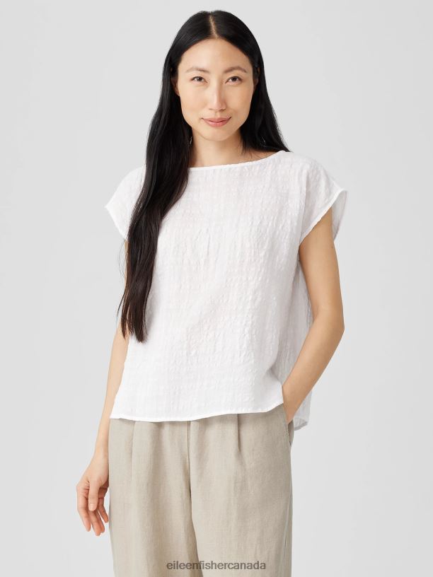 EILEEN FISHER Linen Cotton Sheer Check Shirred-Back Top Boxy Fit Short Length Women WHITE Clothing 024FN194