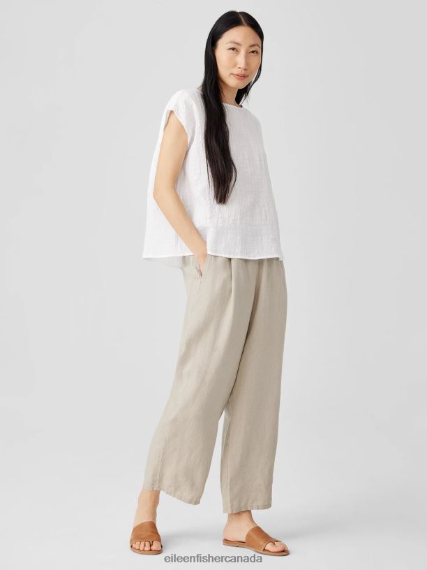 EILEEN FISHER Linen Cotton Sheer Check Shirred-Back Top Boxy Fit Short Length Women WHITE Clothing 024FN194