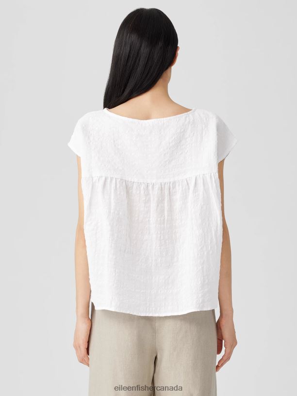 EILEEN FISHER Linen Cotton Sheer Check Shirred-Back Top Boxy Fit Short Length Women WHITE Clothing 024FN194