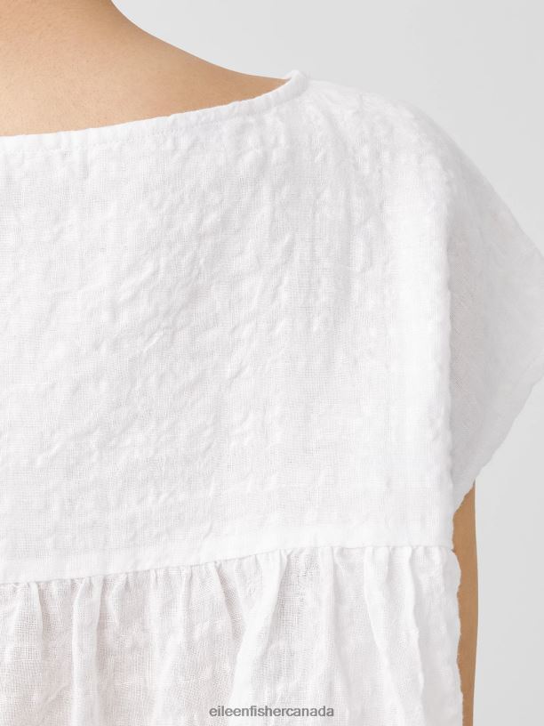 EILEEN FISHER Linen Cotton Sheer Check Shirred-Back Top Boxy Fit Short Length Women WHITE Clothing 024FN194