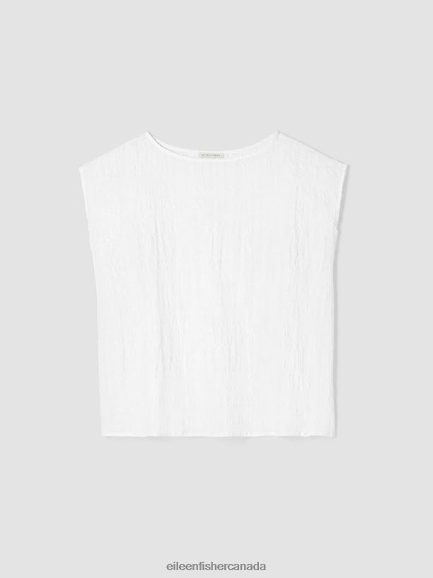 EILEEN FISHER Linen Cotton Sheer Check Shirred-Back Top Boxy Fit Short Length Women WHITE Clothing 024FN194