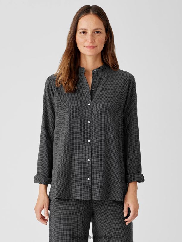 EILEEN FISHER Mini Check Crepe Mandarin Collar Top Easy Fit Long Length Women VENUS Clothing 024FN244