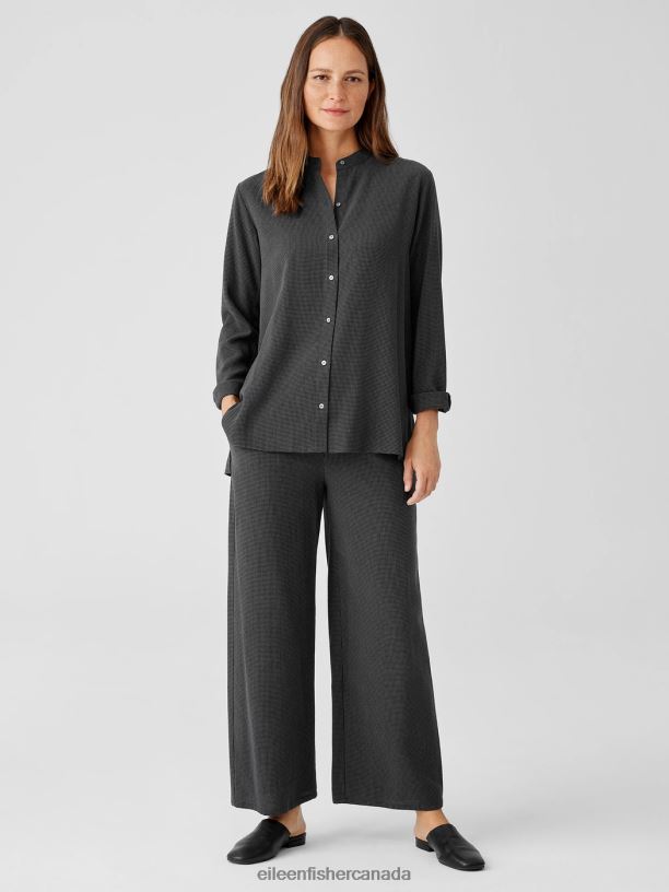 EILEEN FISHER Mini Check Crepe Mandarin Collar Top Easy Fit Long Length Women VENUS Clothing 024FN244