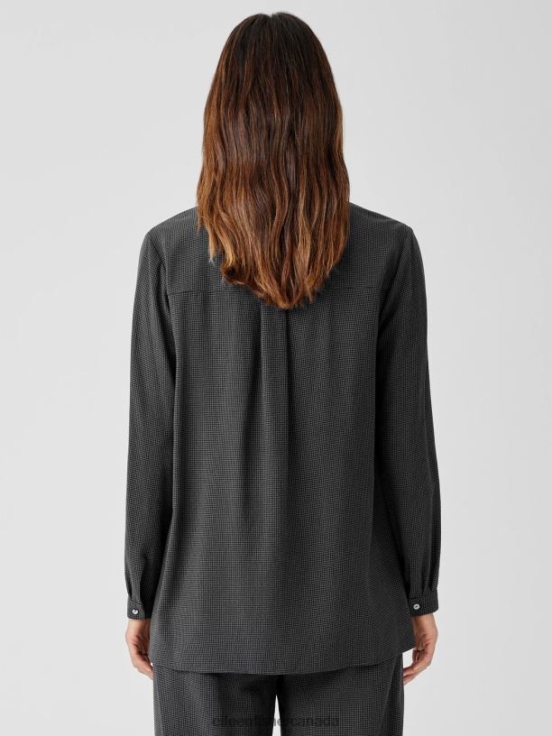 EILEEN FISHER Mini Check Crepe Mandarin Collar Top Easy Fit Long Length Women VENUS Clothing 024FN244