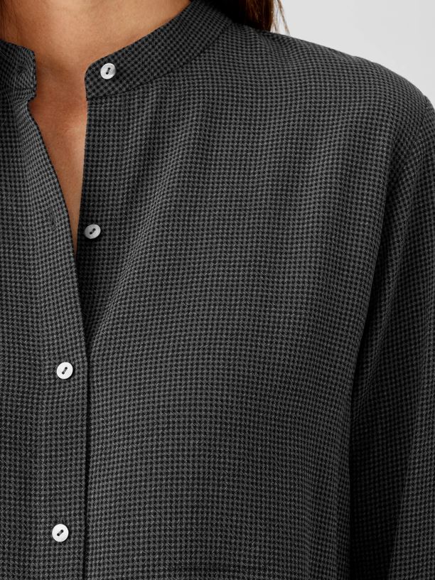 EILEEN FISHER Mini Check Crepe Mandarin Collar Top Easy Fit Long Length Women VENUS Clothing 024FN244