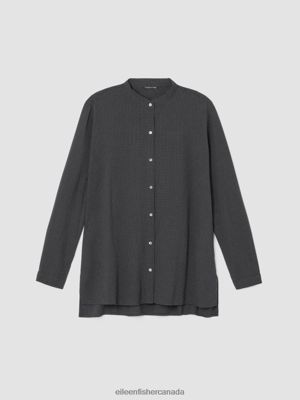 EILEEN FISHER Mini Check Crepe Mandarin Collar Top Easy Fit Long Length Women VENUS Clothing 024FN244