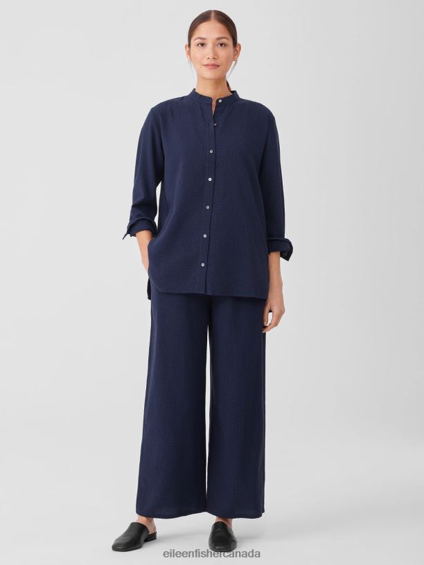 EILEEN FISHER Mini Check Crepe Mandarin Collar Top Easy Fit Long Length Women VENUS Clothing 024FN245