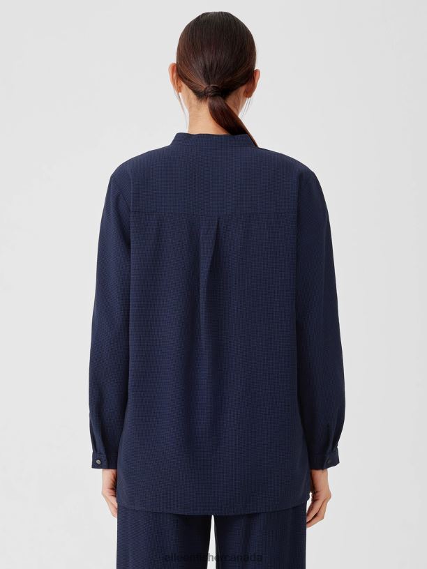 EILEEN FISHER Mini Check Crepe Mandarin Collar Top Easy Fit Long Length Women VENUS Clothing 024FN245