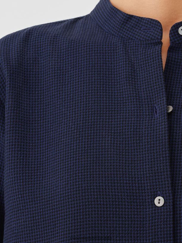 EILEEN FISHER Mini Check Crepe Mandarin Collar Top Easy Fit Long Length Women VENUS Clothing 024FN245