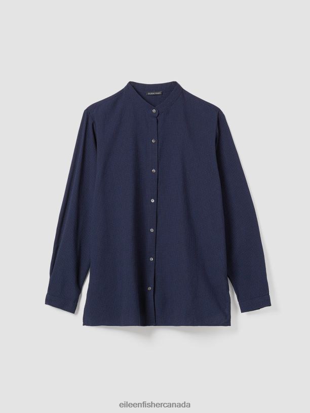 EILEEN FISHER Mini Check Crepe Mandarin Collar Top Easy Fit Long Length Women VENUS Clothing 024FN245