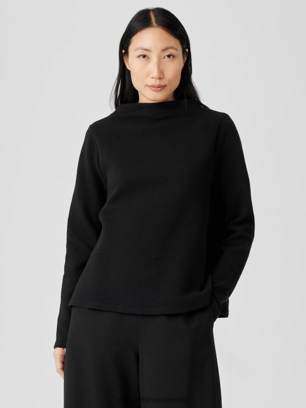 EILEEN FISHER Organic Cotton Crinkled Knit Funnel Neck Top Easy Fit Basic Length Women BLACK Clothing 024FN247