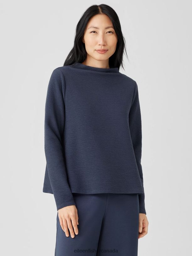 EILEEN FISHER Organic Cotton Crinkled Knit Funnel Neck Top Easy Fit Basic Length Women OCEAN Clothing 024FN248