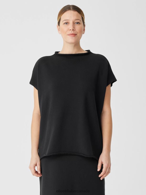 EILEEN FISHER Organic Cotton French Terry Funnel Neck Top Boxy Fit Short Length Women BLACK Clothing 024FN229