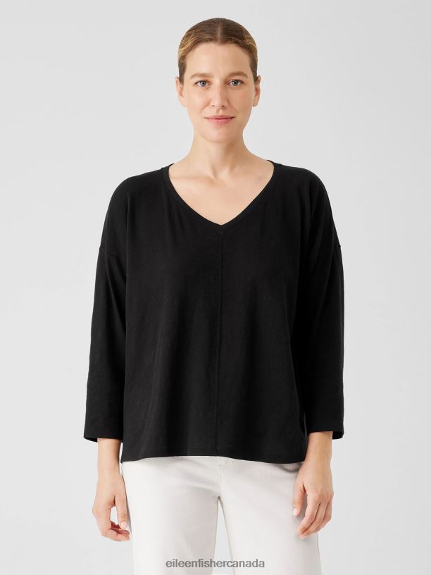 EILEEN FISHER Organic Cotton Slub V-Neck Top Boxy Fit Basic Length Women BLACK Clothing 024FN339