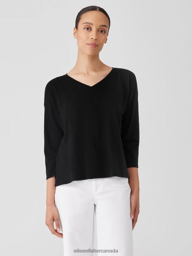 EILEEN FISHER Organic Cotton Slub V-Neck Top Boxy Fit Basic Length Women BLACK Clothing 024FN85