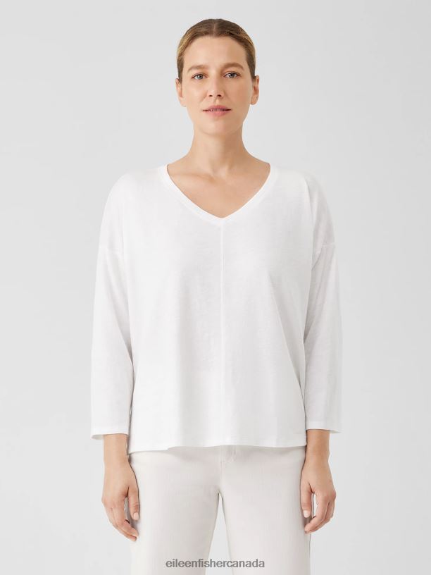 EILEEN FISHER Organic Cotton Slub V-Neck Top Boxy Fit Basic Length Women WHITE Clothing 024FN340