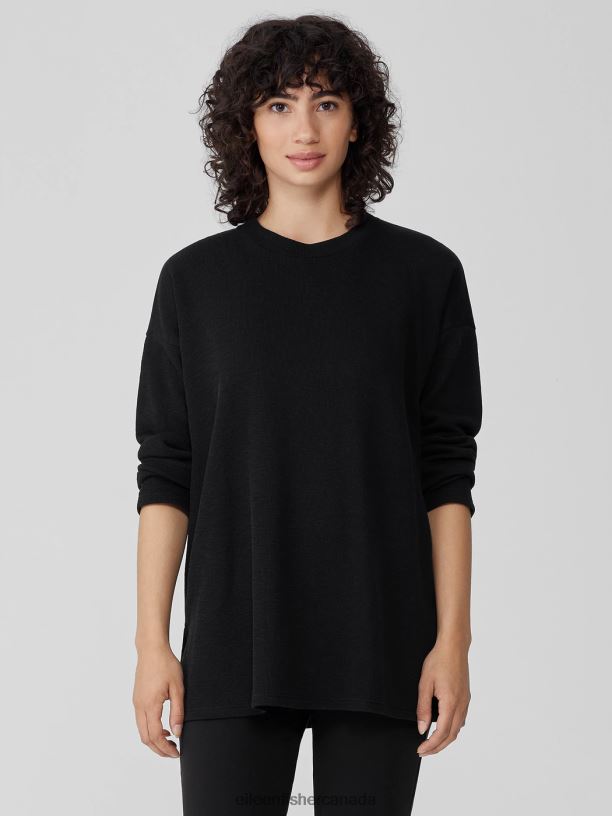 EILEEN FISHER Organic Cotton Slubby Rib Knit Crew Neck Top Boxy Fit Long Length Women BLACK Clothing 024FN225