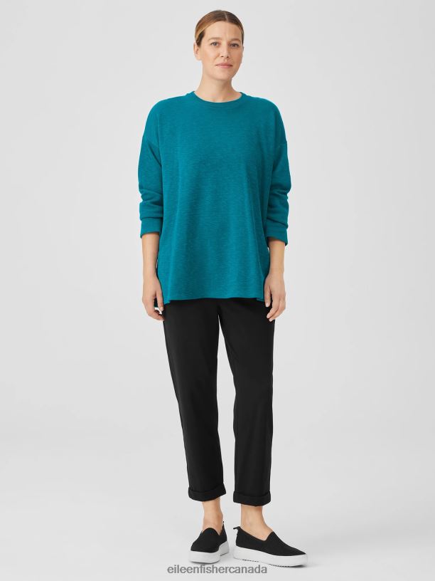 EILEEN FISHER Organic Cotton Slubby Rib Knit Crew Neck Top Boxy Fit Long Length Women JEWEL Clothing 024FN227