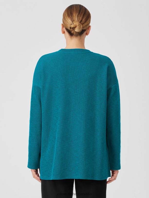 EILEEN FISHER Organic Cotton Slubby Rib Knit Crew Neck Top Boxy Fit Long Length Women JEWEL Clothing 024FN227