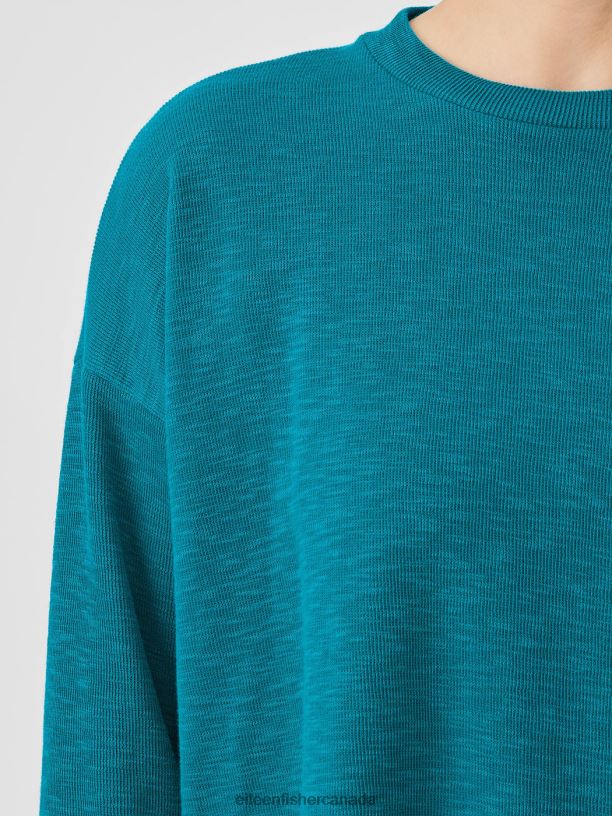 EILEEN FISHER Organic Cotton Slubby Rib Knit Crew Neck Top Boxy Fit Long Length Women JEWEL Clothing 024FN227