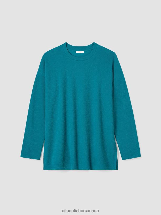 EILEEN FISHER Organic Cotton Slubby Rib Knit Crew Neck Top Boxy Fit Long Length Women JEWEL Clothing 024FN227