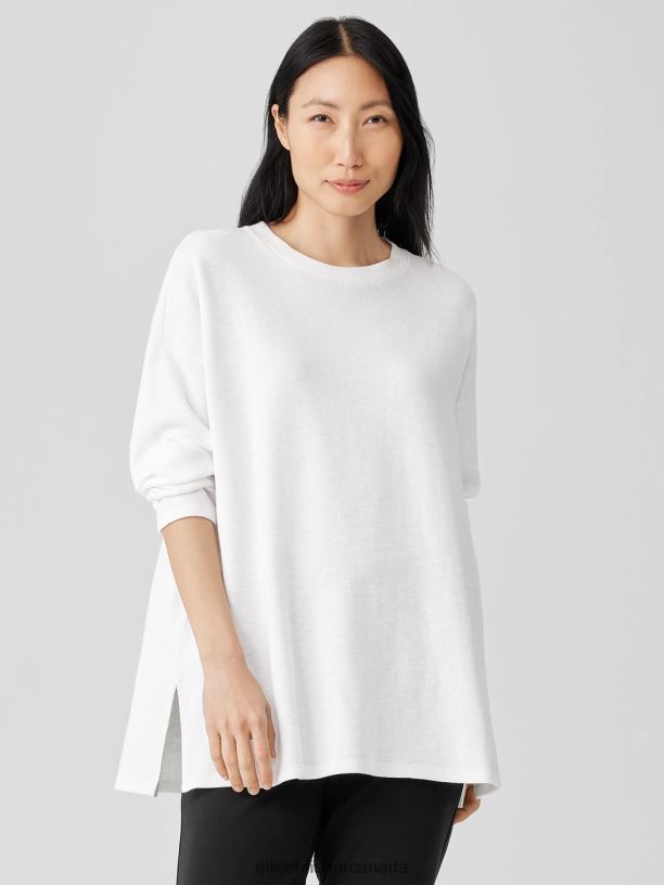 EILEEN FISHER Organic Cotton Slubby Rib Knit Crew Neck Top Boxy Fit Long Length Women WHITE Clothing 024FN226