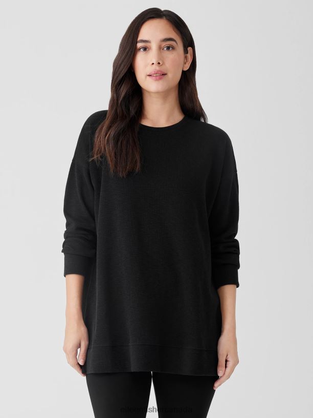 EILEEN FISHER Organic Cotton Slubby Rib Knit Crew Neck Top Boxy Fit Thigh Length Women BLACK Clothing 024FN216