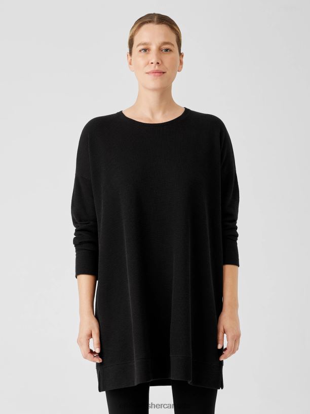EILEEN FISHER Organic Cotton Slubby Rib Knit Crew Neck Top Boxy Fit Thigh Length Women BLACK Clothing 024FN263