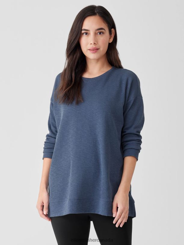 EILEEN FISHER Organic Cotton Slubby Rib Knit Crew Neck Top Boxy Fit Thigh Length Women DUSK Clothing 024FN217