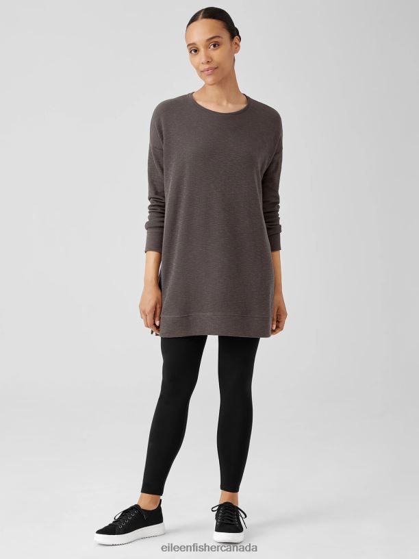 EILEEN FISHER Organic Cotton Slubby Rib Knit Crew Neck Top Boxy Fit Thigh Length Women RYE Clothing 024FN264