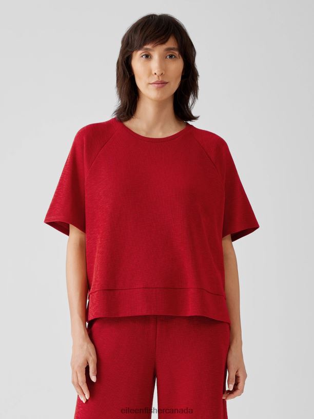 EILEEN FISHER Organic Cotton Slubby Rib Knit Elbow-Sleeve Top Boxy Fit Women CINNABAR Clothing 024FN223